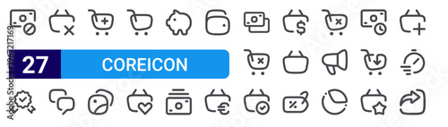 set of 27 thin line coreicon banking icons such as blocked, quality, remove cart, comment, add cart, pictures, empty cart, like variant, deposit. editable stroke vector illustration isolated on