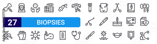 set of 27 thin line biopsies icons such as bone, dna, doctor, gloves, care, cancer, tissue biopsy, neck, ultrasound. editable stroke vector illustration isolated on white