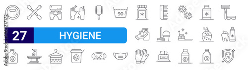 set of 27 thin line hygiene icons such as robot vacuum cleaner, bleach, cotton swab, sanitizer, hand dryer, towel, hygiene, bin, hairbrush. editable stroke vector illustration isolated on white