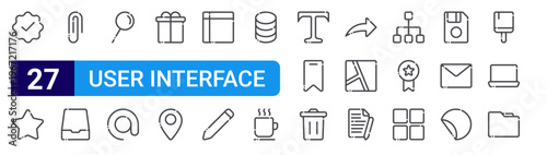 set of 27 thin line user interface icons such as verified, star, attach, archive, pin, at, gift, pin, data table. editable stroke vector illustration isolated on white