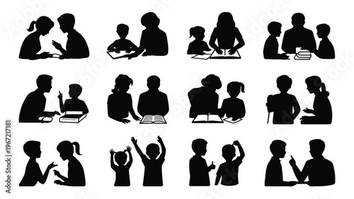 Vector icons of children and adults reading learning and interacting in various educational settings with black silhouettes on white background