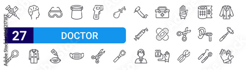 set of 27 thin line doctor equipment icons such as cannula, laryngeal, hair, medical, safety, eye, face, face, thermometer. editable stroke vector illustration isolated on white
