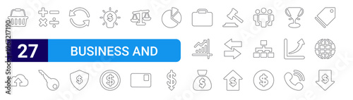 set of 27 thin line business and finance icons such as shopping basket, cloud computing, calculator, key, refresh, badge, idea, dollar, law. editable stroke vector illustration isolated on white