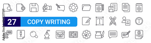 set of 27 thin line copy writing icons such as paper, quality, ting, copy writing, floppy disk, magnifying glass, hand, fountain pen, edit. editable stroke vector illustration isolated on white