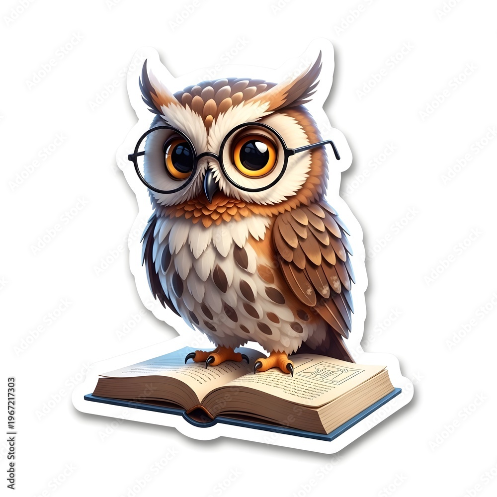 Fototapeta premium A detailed sticker illustration of a scholarly brown owl wearing black-rimmed glasses, perched on an open book, isolated on a white background.