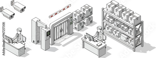 Isometric Warehouse Security and Logistics Management Illustration with Surveillance Cameras, Security Gates, and Storage Shelving