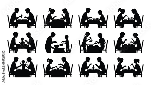 Diverse family and friends silhouettes enjoying meals together around dining tables representing connection community and shared dining experiences in various compositions