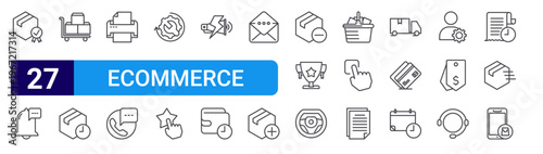 set of 27 thin line ecommerce icons such as guarantee, notification, stock, preorder, print, phone call, ting, review, flash sale. editable stroke vector illustration isolated on white