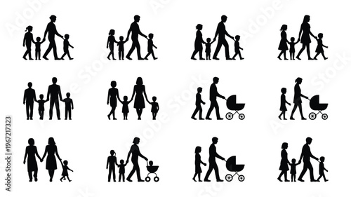 Diverse family silhouettes walking together representing parenthood childhood and connection with strollers and children of various ages in a clean modern vector collection