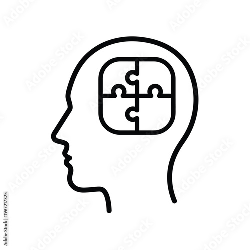 Minimalist line art icon of a human head profile with a jigsaw puzzle inside the brain, representing mental health, cognitive problem solving, and psychological therapy concepts.