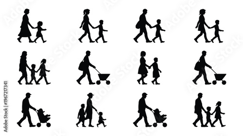Collection of diverse silhouette icons depicting families walking with children and strollers representing parenthood childhood and everyday life moments rendered in clean vector
