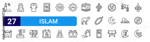 set of 27 thin line islam icons such as salat, mosque, hijab, zakat, djellaba, bedug, quran, calendar, allah. editable stroke vector illustration isolated on white