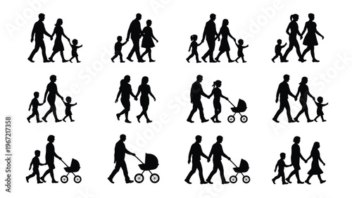 Diverse silhouettes of families walking together with children and strollers representing unity parenthood and everyday life moments in a clean vector graphic collection