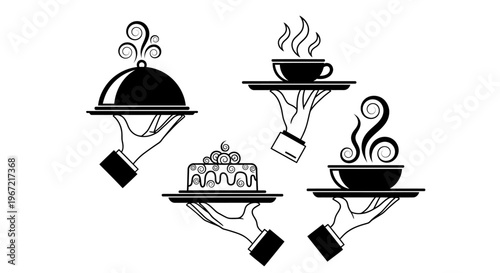 A set of hands holding trays with food and drink in a restaurant setting