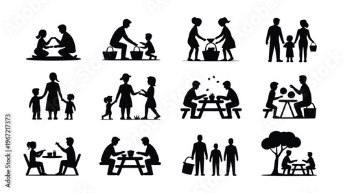 Collection of twelve minimalist black silhouettes depicting diverse family activities like picnics playing together and enjoying outdoor leisure time conveying togetherness