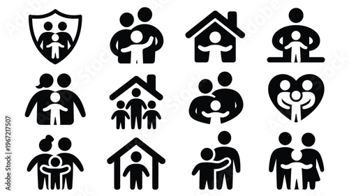 Collection of diverse family and home security icons representing concepts of protection love belonging and shelter with simplified human figures in various embracing poses