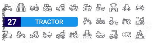 set of 27 thin line tractor icons such as tractor, tractor, editable stroke vector illustration isolated on white