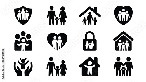 Diverse vector icons representing family protection security love and unity showcasing various abstract symbols for concepts of belonging and support in clean black and white