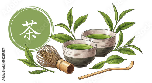 A serene illustration of matcha tea with green leaves and traditional utensils