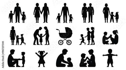 Diverse family silhouettes parents and children in various poses including stroller embracing playing and walking together representing unity love and childhood moments isolated