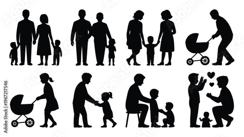 Diverse family silhouettes bundle parents and children in various poses strolling playing and bonding representing love connection and childhood moments vector art collection