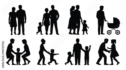 Diverse family silhouettes depicting parenthood moments parents with children stroller and playful interactions representing love unity and childhood joy in simple black graphics
