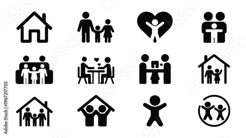 Diverse collection of simple black vector icons representing family home love and togetherness ideal for web design apps and branding projects