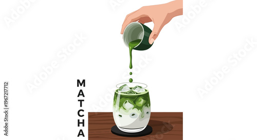 A hand pouring green matcha tea into a glass of ice