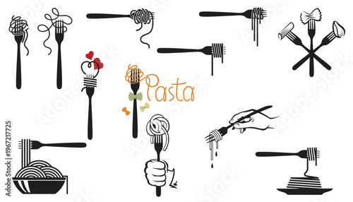 A colorful illustration of pasta dishes and utensils in a honeycomb pattern