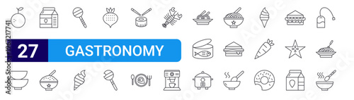 set of 27 thin line gastronomy icons such as orange, bowls, milk box, rice bowl,, ice cream cone, turnip, lollipop, sushi. editable stroke vector illustration isolated on white