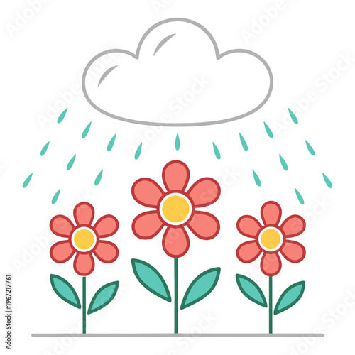 Colorful illustration of flowers in the rain with a cloud above
