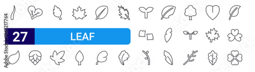 set of 27 thin line leaf icons such as leaf, leaf, pine cone, editable stroke vector illustration isolated on white