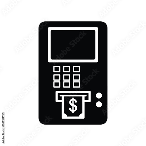 Minimalist black ATM machine icon dispensing a dollar bill for cash withdrawal and banking transaction services isolated on white background