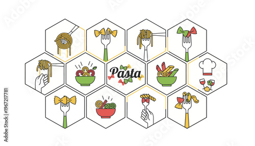 A colorful illustration of pasta dishes and utensils in a honeycomb pattern