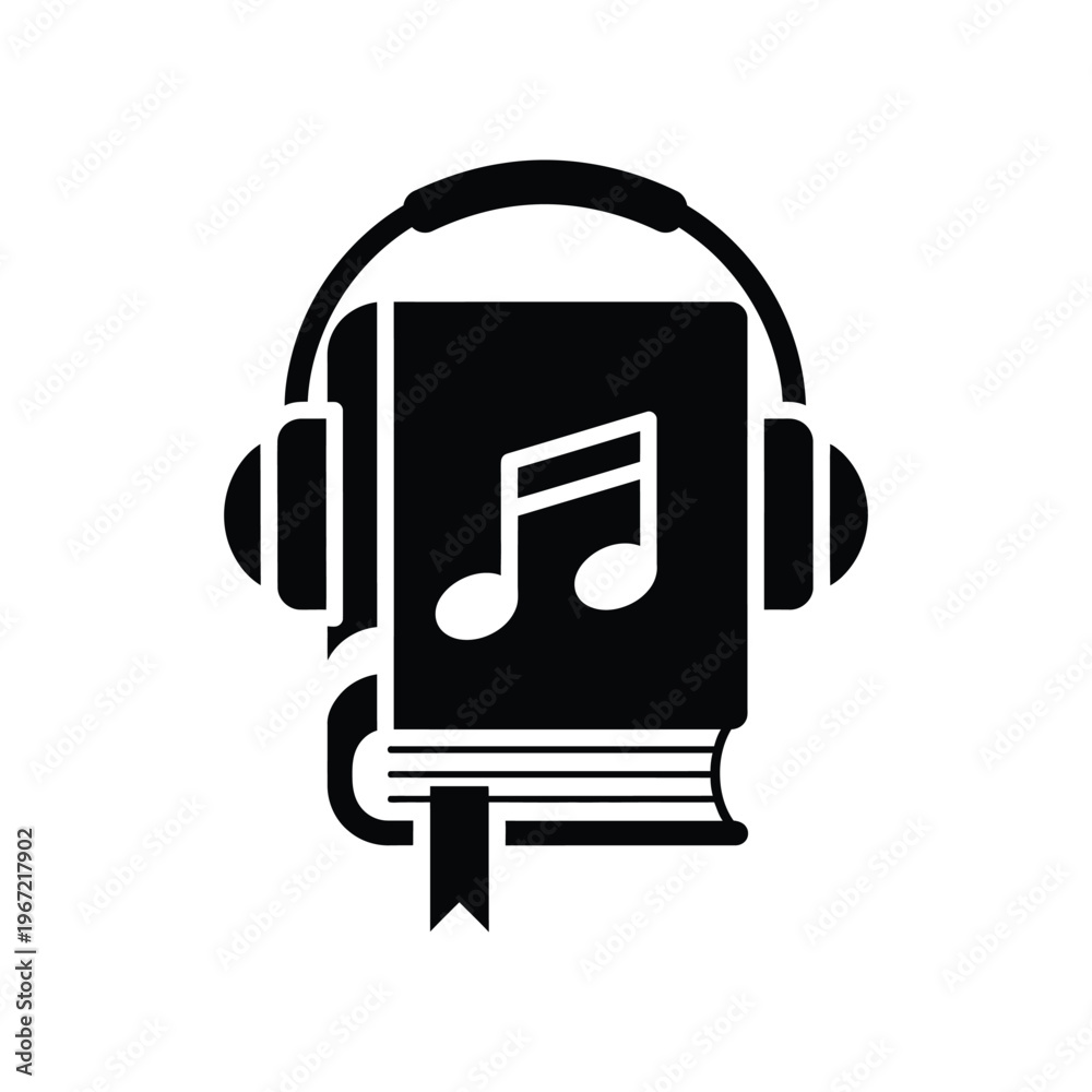 Obraz premium Minimalist black audiobook icon featuring a book with headphones and a musical note, ideal for digital education, podcasting, and online storytelling concepts.
