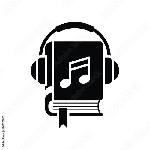 Minimalist black audiobook icon featuring a book with headphones and a musical note, ideal for digital education, podcasting, and online storytelling concepts.