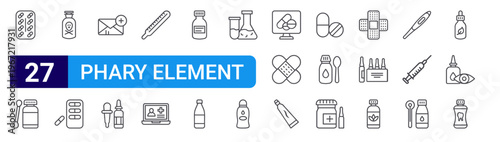set of 27 thin line phary element icons such as pills, pills, pills, mail, eye drop, thermometer, online phary, editable stroke vector illustration isolated on white