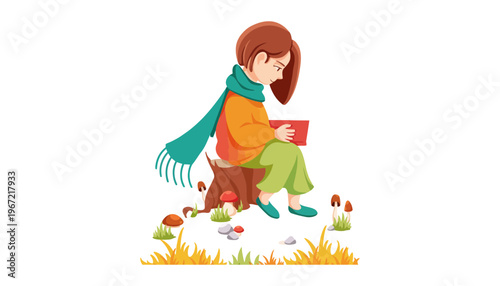 A woman sitting on a tree stump reading a book outdoors