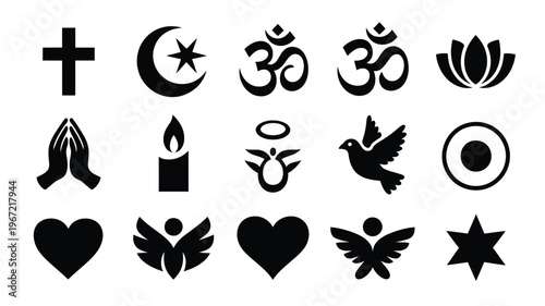 Collection of diverse spiritual and religious symbols including a christian cross islamic crescent moon and star hindu om buddhist lotus flower praying hands candle flame angelic