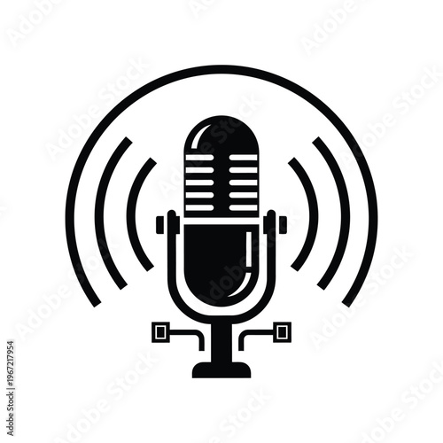 Minimalist black and white microphone icon with radiating sound waves for podcasting, radio broadcasting, and professional audio recording studio branding.