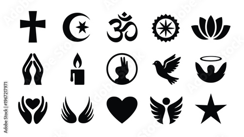 Collection of diverse religious and spiritual symbols presented as clean black silhouettes on a white background representing faith hope and unity across different cultures