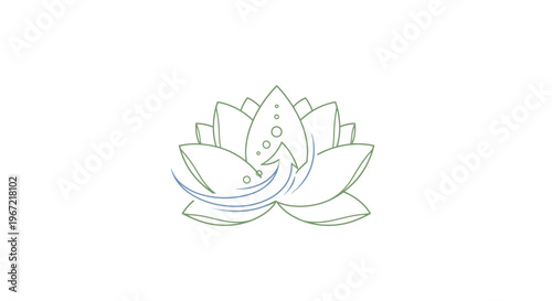Serene green outline lotus flower icon with airflow symbol for meditation, deep breathing, wellness, purification, and relaxation.