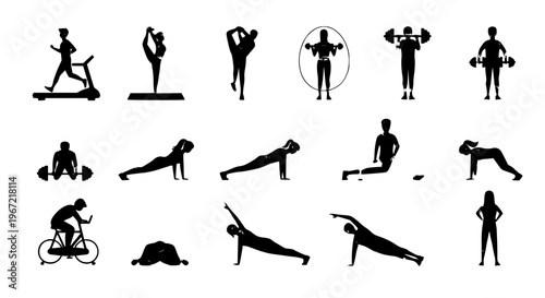 Flat workout and exercise set with fitness activities yoga running weight lifting and gym training vector illustration