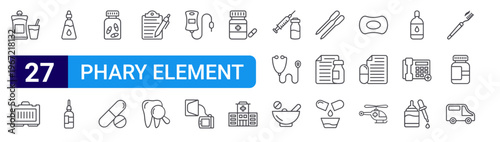 set of 27 thin line phary element icons such as pills, medical kit, eye drop, eye drop, pills, pills, medical report, dental care, blood bag. editable stroke vector illustration isolated on white