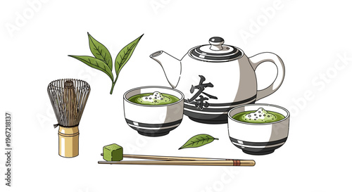 A serene still life of matcha tea and traditional Japanese utensils