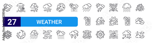 set of 27 thin line weather phenomena icons such as haze, freezing, tsunami, night, wind, rain, wind,, haze. editable stroke vector illustration isolated on white