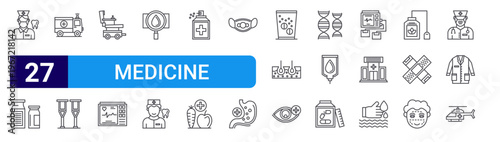 set of 27 thin line medicine icons such as female doctor, ampoule, ambulance, crutches, wheelchair, electrocardiogram, hematology, dentist, antiseptic. editable stroke vector illustration isolated