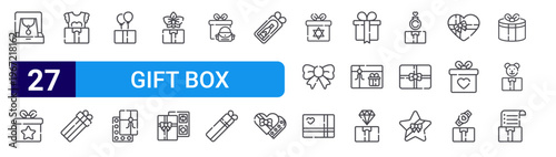 set of 27 thin line gift box icons such as gift, gift, editable stroke vector illustration isolated on white