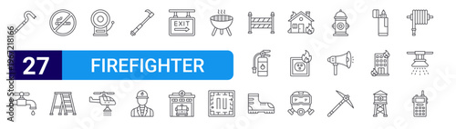 set of 27 thin line firefighter icons such as crowbar, faucet, no smoking, ladder, bell, helicopter, hook, fireman, emergency exit. editable stroke vector illustration isolated on white