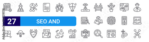set of 27 thin line seo and marketing icons such as work schedule, solution, conference, innovation, job hunting, shield, document, job, people. editable stroke vector illustration isolated on white